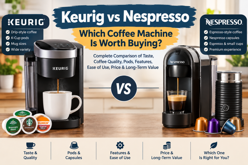 Keurig vs Nespresso: Which Coffee Machine Is Worth Buying? Complete Comparison of Taste, Coffee Quality, Pods, Features, Ease of Use, Price & Long-Term Value